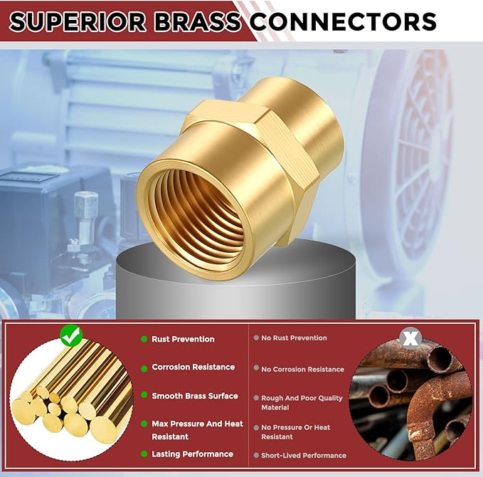 Pack of 2, 3/8" FeMale NPT to 1/4" FeMale NPT Solid Brass Pipe Fitting Coupler, Brass Coupling Hose Fittings Adapter for Pipe Leak Repair, Bathroom Remodeling, Tool Extensions