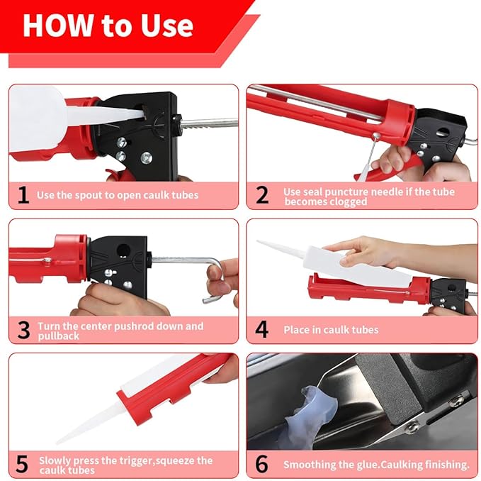Caulk Gun Kit, Caulking Gun No Drip with 3 Silicone Caulking Tool and 3 in 1 Caulk Remover Tool, 15:1 Thrust Ratio, Professional Hand Caulking Gun Tool for the Seams of Bathroom and Kitchen Sinks