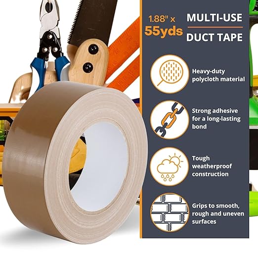 GTSE Brown Duct Tape, 2 Inches x 55 Yards (164 ft), Heavy Duty, Waterproof Repair Tape for Indoor or Outdoor Use, 48 Rolls