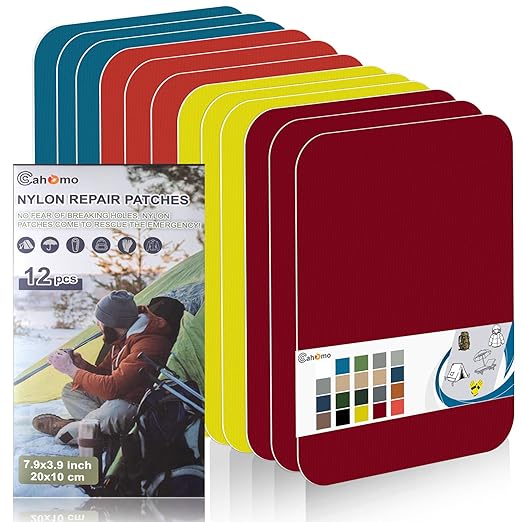 Cahomo 7.9x3.9 inch 12 PCS Nylon Repair Patch Nylon Repair Tape Self Adhesive Fabric Tapes Outdoor Camping Gear Fabric kit for Tent, Umbrella, Down Jackets, Sleeping Bag, Knapsack (Color Set C)