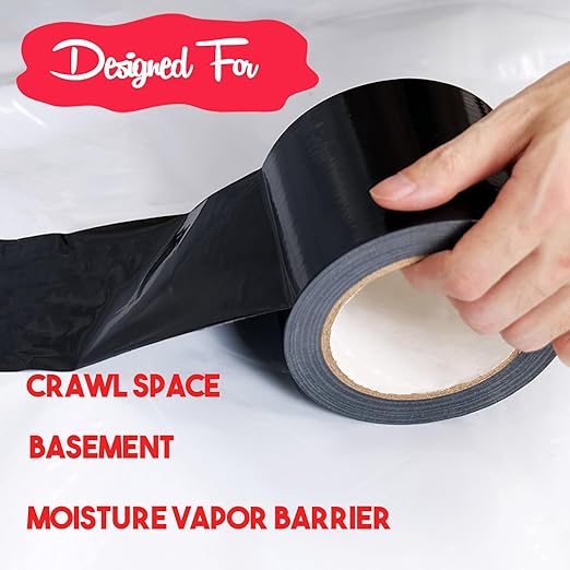 Black Seal Tape, 4" x 100' Vapor Barrier Tape Polyethylene Sealing Moisture Barrier Seam, Black Vinyl Tape for Crawlspaces, Repair, Underlayment Seams, Metal Building Seams
