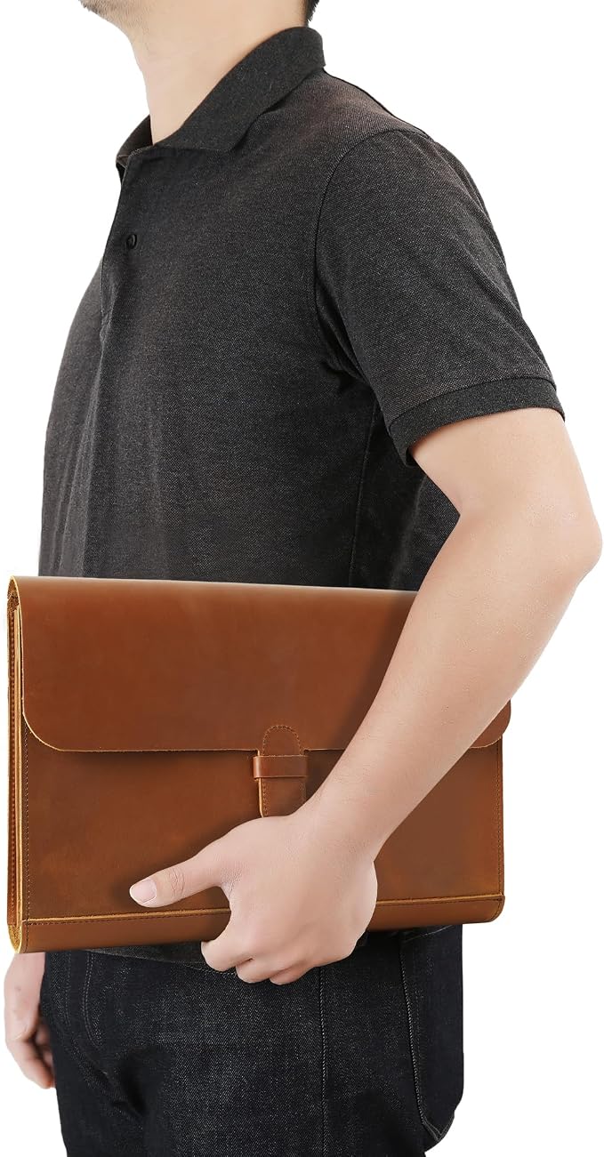 Genuine Leather File Folder, Accordian File Organizer, Leather Document Holder Resume Folio for Men & Women - Brown