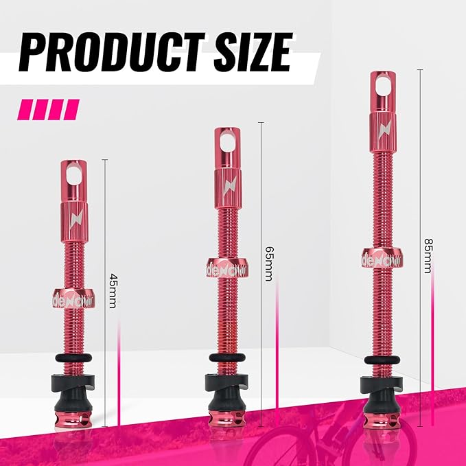 RideNow Tubeless Presta Valve Stems, 45mm Super Light Alloy Presta Tubeless Valve Stem Kit with Valve Core Remover Tool and Valve Stem Caps, Multiple Color and Size Options(Pair), Pink