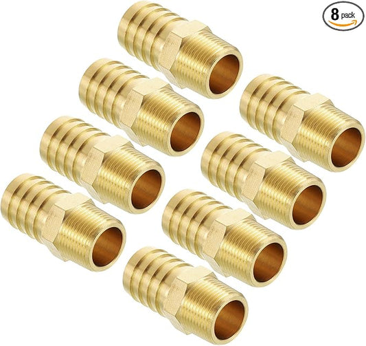 Pack of 8 Brass Hose Barb Fittings Adapter Connector 1" Hose Barb to 3/4" NPT Male Fittings for Home Machines, Massage Bathtubs, and Irrigation Systems