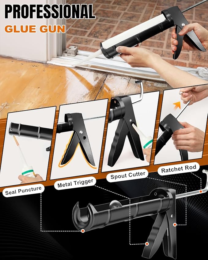 Holothurian Caulking Gun, Caulk Gun No Drip,Sealant Finishing Tool Grout Scraper for Kitchen Bathroom Window Sink Joint, 1/10 Gallon Cartridge, 10:1 Thrust Ratio, Black