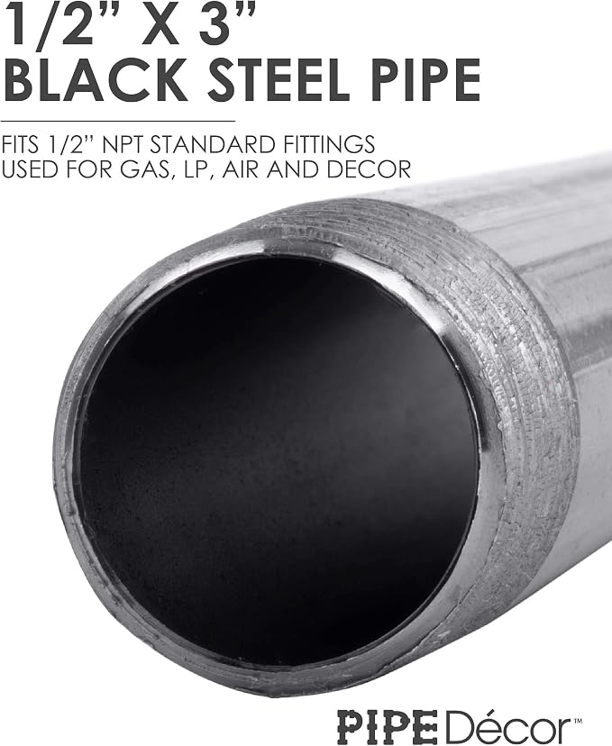 PIPE DÉCOR 1/2" x 3" Malleable Cast Iron Pipe Nipple, Pre Cut Connectors, Industrial Steel Grey Fits Standard Half Inch Black Threaded Pipes Nipples and Fittings, Vintage DIY Furniture, 10 Pack