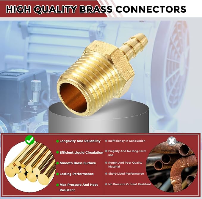 Pack of 8 Brass Hose Barbed Fittings Adapter Connector 1/8" Hose Barb to 1/4" NPT Male Fittings for Home Machines, Massage Bathtubs, and Irrigation Systems