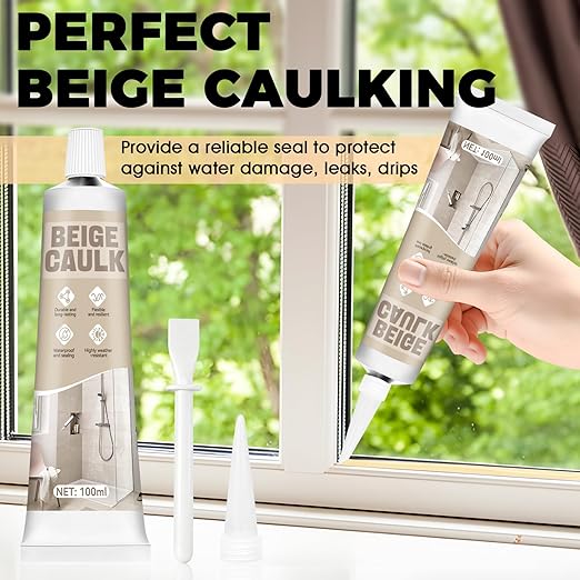 Beige Caulk, Silicone Caulk for Bathroom Shower Kitchen Tile Floor Sealing, Waterproof, Stronger Adhesion, Shrink & Crack Proof, with A Scraper for Applying Evenly, 100g