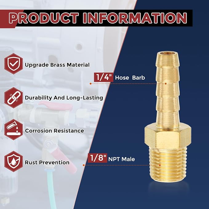 Pack of 3 Brass Hose Barbed Fittings Adapter Connector 1/4" Hose Barb to 1/8" NPT Male Fittings for Home Machines, Massage Bathtubs, and Irrigation Systems