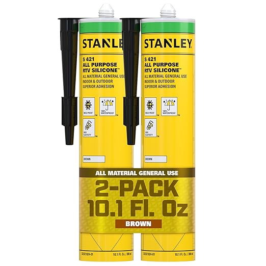 Stanley S421 All-Purpose RTV Silicone Sealant (2 x 10.1 fl.oz.) – 100% Waterproof Brown Caulk | Industrial-Grade Silicone for Kitchen, Bathroom, Shower, Window, Door, Indoor & Outdoor Use | 2 Pack