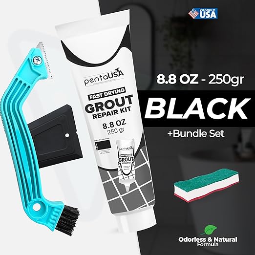 PentaUSA Tile Grout Repair Kit with Removal Tool - Premixed Acrylic Sanded Grout Filler for Bathroom, Shower, and Kitchen, Includes Applicator Spatula, and Sponge - Black (8.8oz / 250g)