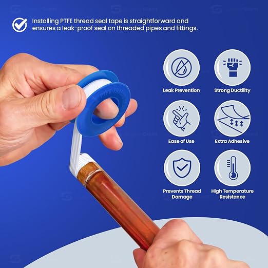 Supply Giant Plumbers PTFE Tape 1/2" W x 260" L 10 Rolls Pipe Thread Tape, High Density Thread Sealant Tape Water Seal Plumbing Tape for Shower Head, Pipes, Gas Lines, Leak Prevention