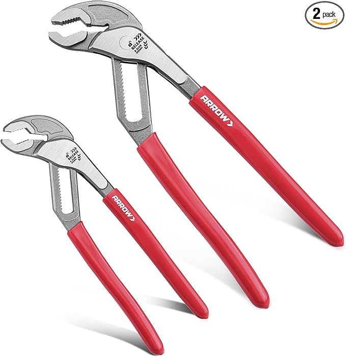 Arrow 2-Piece V-Jaw Groove Joint Pliers Set (8" & 10"), Quick Adjustable Water Pump Pliers with 18 Positions, CR-V Steel, for Plumbing, Automotive, Mechanical Repair and Household Use