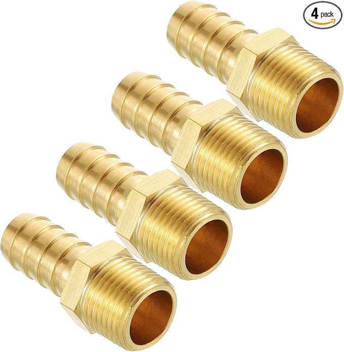 Pack of 4 Brass Hose Barb Fittings Adapter Connector 1/2" Hose Barb to 3/8" NPT Male Fittings for Home Machines, Massage Bathtubs, and Irrigation Systems