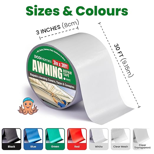 Awning Covers & Tarp Repair Tape - Waterproof Self Adhesive Patch Repair Kit | Patch Tapes for Awnings, Outdoor Canopies, Patio Window Awnings, Gazebos, Tents, RV, Canvas, Boat Covers (White, 3 Inch)