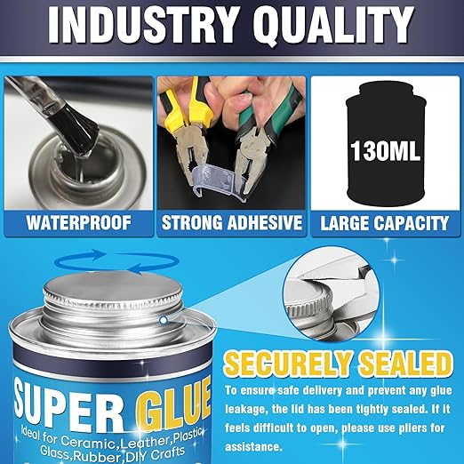 Super Glue, Super Glue All Purpose, 130ml Long-Lasting & Clear Glue with Brush, Powerful Cyanoacrylate Glue for Cotton, Flannel, Denim, Leather, Metal, Wood, PVC, Plastic, Glass, Acrylic, Ceramics