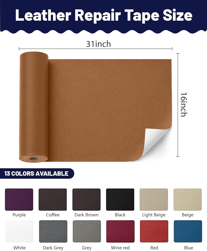 BOUYEER Leather Repair Patch Tape Kit,Self Adhesive Leather Repair for Sofa，Car Seat,Office Chair,Furniture,Jacket,Waterproof Strong Adhesive Vinyl Repair Kit. 16 in x 31 in,Light Brown