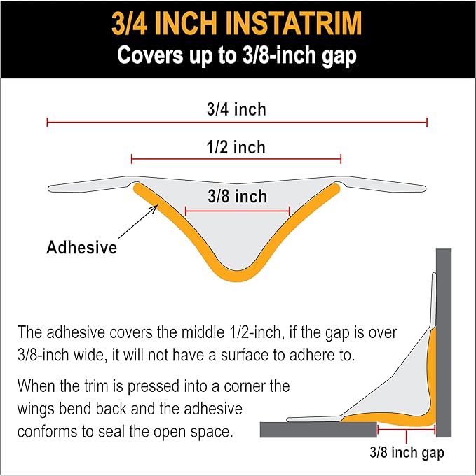 InstaTrim Peel & Stick Flexible Caulk Tape & Trim, Easy to use, self-Adhesive, Caulk sealant for Floors, Doors, Windows, counters, tubs and More - Made in USA, 3/4 inch x 10 feet, White