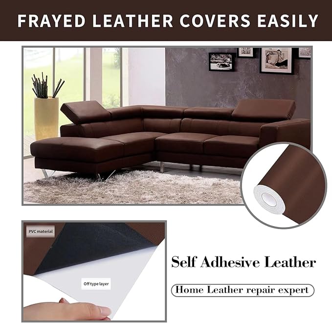 Lifeshoon Leather Repair Patch, 17X158 Inch Self Adhesive Leather Repair, Large Vinyl Patch Tape for Couches, Furniture, Car Seats, Cabinets, Wall, Handbags （Brown, 17X158 Inch）