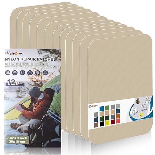 Cahomo 7.9x3.9 inch 12 PCS Nylon Repair Patch Nylon Repair Tape Self Adhesive Fabric Tapes Outdoor Camping Gear Fabric kit for Tent, Umbrella, Down Jackets, Sleeping Bag, Knapsack（Dark Beige）