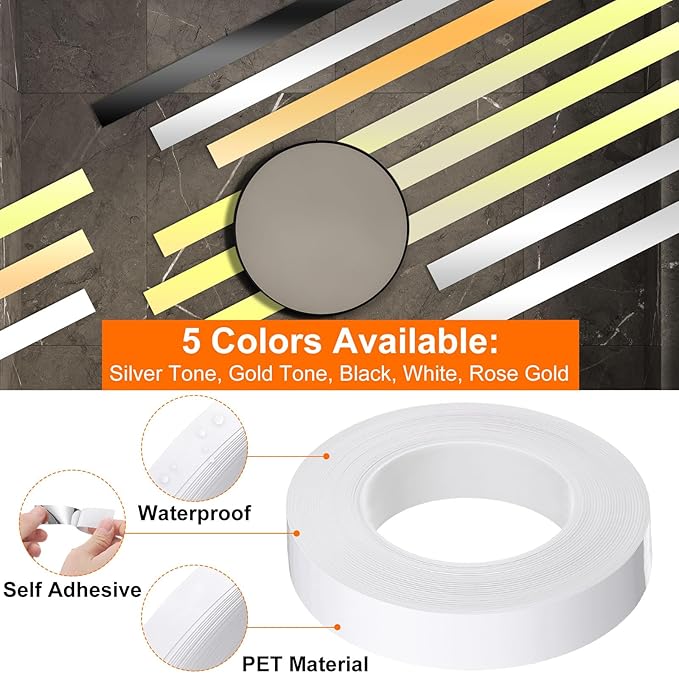 HARFINGTON 2Pcs Floor Tiles White Foil Lines Metallic Mirror Tape 0.98" x164 Ft Self Adhesive Decor Floor Wall Seam Sticker Waterproof Gap Sealing Tape for Kitchen Bathroom Cabinet
