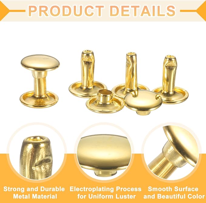 uxcell 120Set Leather Rivets, 12mm Double Cap Rivet Tubular Metal Studs Repairs Decoration Craft Accessories for Repair Decorate Leather Craft Belt Bag Shoes Purse Belts, Gold