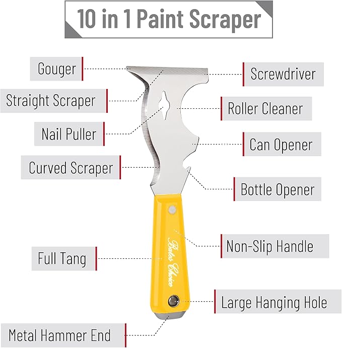 Bates- Paint Scraper, 10 in 1 Painters Tool, Yellow Handle Paint Scrapers for Wood, Painters Tool, Painters Knife, Paint Scraper for Painting, Putty Knife, Metal Scraper, Spackle Knife, Putty Scraper