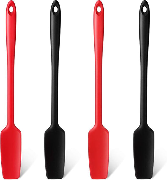 Patelai 4 Pieces Silicone Jar Spatula with Long Handle Heat Resistant Kitchen Scraper Spatula Non Stick Rubber Silicone Scraper for Jam Smoothies Blenders Cooking Baking Stirring (Red,Black)