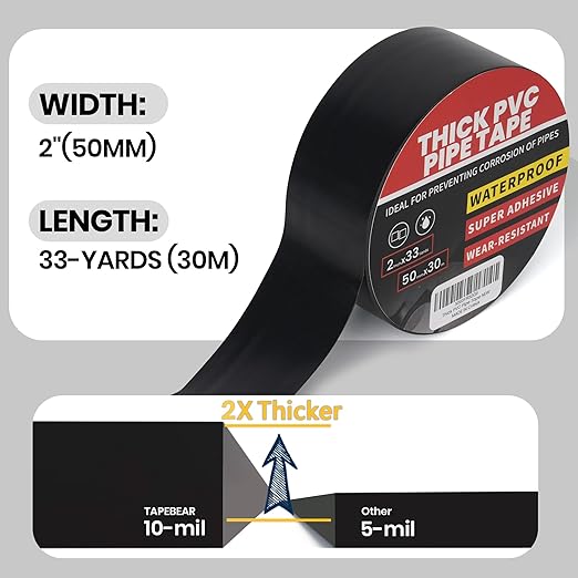 TAPEBEAR 24 Rolls Corrosion Protection Pipe Tape, 10mil Pipe Wrap Tape for Drain Pipe, Metal Electrical Outdoor Underground Pipe, Waterproof PVC Black Tape Thicker for Hose Leak Proof, 2Inch x 33Yard