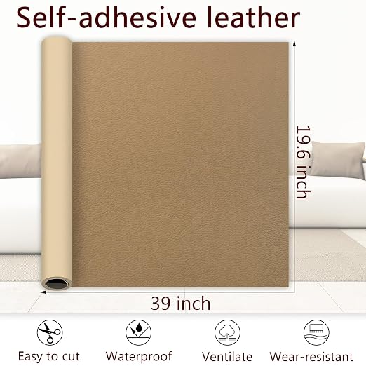 Khaki Leather Repair Patch, 39.3 x 19.6 Inch Self Adhesive Leather Repair Tape, Large Vinyl Leather Repair Kit for Furniture, Car Seats, Sofats, Couch, Office Chair