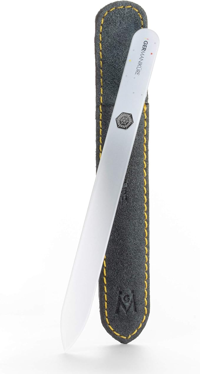 GERMANIKURE Czech Crystal Glass Nail File in Suede Leather Case - Original White Branded - Professional Manicure & Pedicure Products for Smooth Easy Shaping of Natural Nails