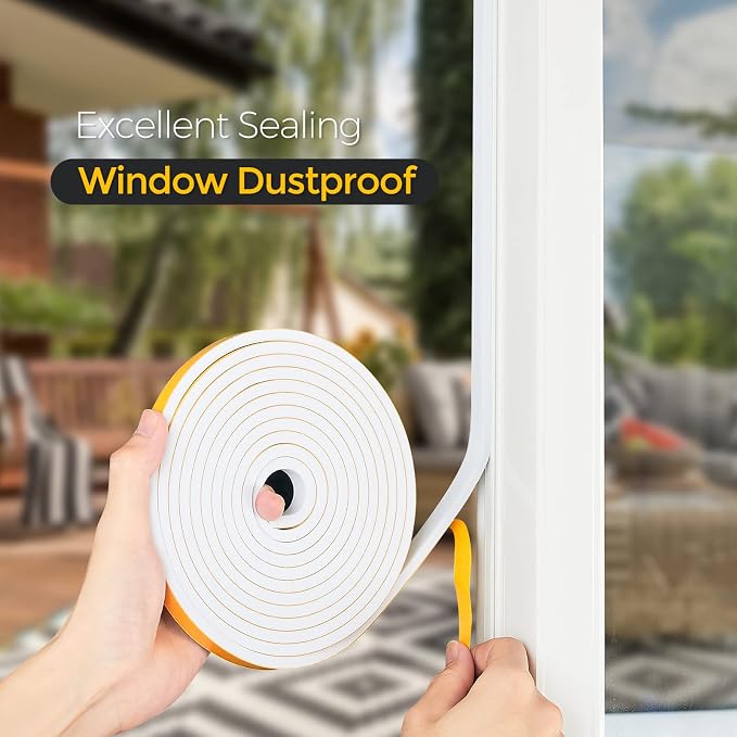 33 Feet Weather Stripping Door Seal, 1/2" Wide X 1/16" Thick Door Seal Strip High Density Foam Tape Adhesive Strip for Door Soundproofing,Window Insulation (1/2" x 1/16" x 33FT,White)