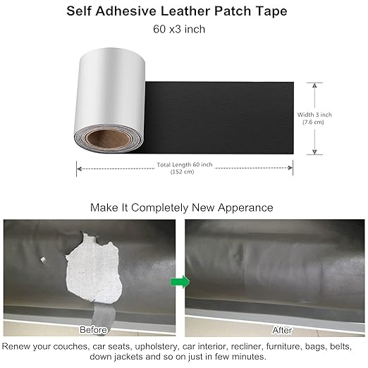 ILOFRI Self Adhesive Leather Repair Patch Tape 3x60 inch, Vinyl and Leather Repair Kit for Couches, Furniture, Car Seat, Boat Seat, Sofa, Vinyl Upholstery, Chair, Interior - Dark Black