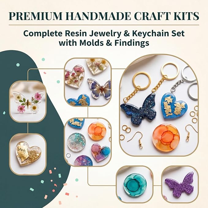 Resin Molds Silicone Kit, Epoxy Casting Keychain Molds with Circle Heart Butterfly Shapes, DIY Jewelry Making Supplies with Keyrings and Ear Hooks for Crafts
