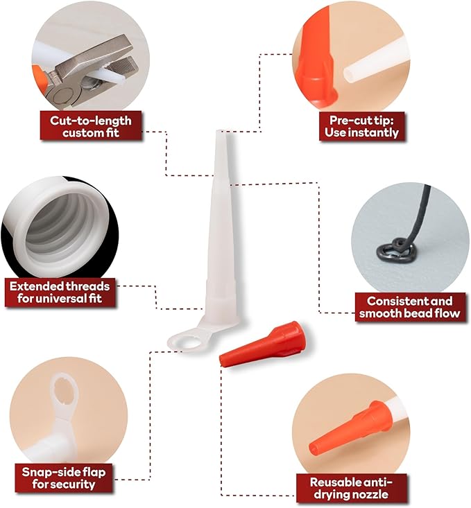 XFasten Caulking Tips 30-Pack - Reusable, Drip-Resistant Caulk Nozzle Tip Set with Sealing Caps, Cuttable Plastic Nozzles for Standard Caulking Tubes and Sausage Caulk Guns, Stops Drying, Easy to Use