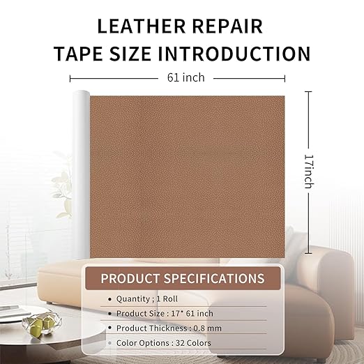 Leather Repair Patch Tape, Light Brown 17 x 61 Inches Self Adhesive Leather Repair Kit for Furniture, Car Seat,Vinyl Leather Repair Kit for Office Chairs, Bags, Luggage