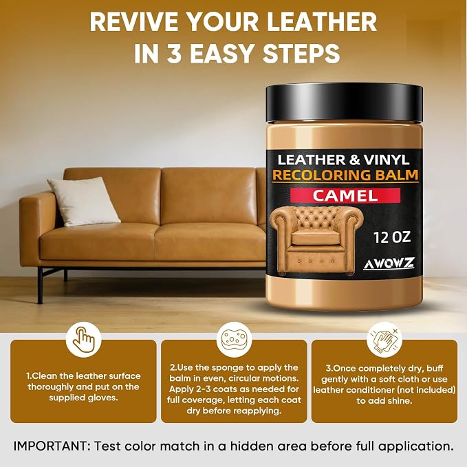 Leather Recoloring Balm, Leather Couch Repair Kit, Leather Restorer for Couches, Leather Scratch Repair, Leather Recoloring Balm for Faded & Scratched Leather Couches (Camel, 12 OZ)