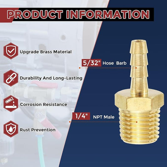 Pack of 2 Brass Hose Barbs Fittings 5/32" Hose Barbs to 1/4" NPT Male Fittings for Home Machines, Massage Bathtubs, and Irrigation Systems