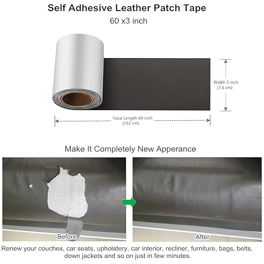 ILOFRI Self Adhesive Leather Repair Patch Tape 3x60 inch, Vinyl and Leather Repair Kit for Couches, Furniture, Car Seat, Boat Seat, Sofa, Vinyl Upholstery, Chair, Interior - Grey Brown