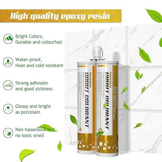 NADAMOO Epoxy Grout Bright Porcelain White, Dual Tubes Waterproof Tile Grout 19oz 400ml, Restore Tile Grout Line for Shower Bathroom Wet Room Kitchen, Caulk Gun NOT Included