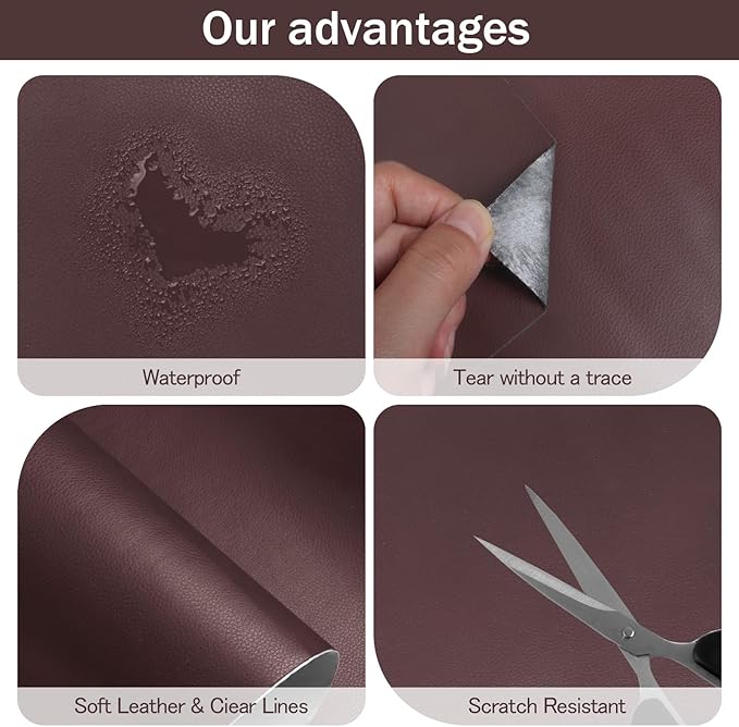 CHEIGHY 2pcs Self-Adhesive Leather Repair Kit for Furniture, Couches, Car Seats 8.2X11 Inch PU Vinyl Leather Patch Tape for Sofa, Office Chairs, Jackets (Coffee)