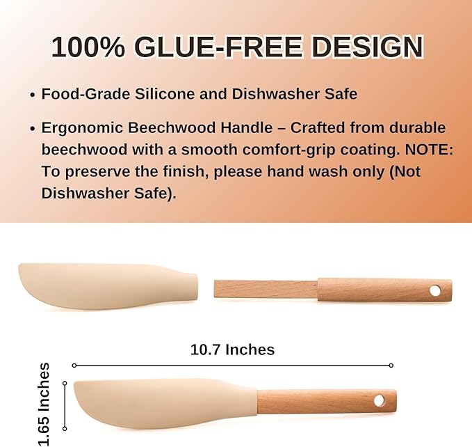 3Pcs 10.7" Silicone Jar Spatula with Natural Beechwood Handle, Removable Flexible Scraper Head for Deep Jars, Thick Non-Stick Small Spatula for Sourdough, Peanut Butter, Blenders & Baking, Cream