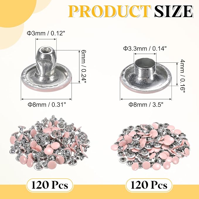 uxcell 120 Sets Leather Rivets, 8mm Double Cap Rivets, 6mm Height Tubular Metal Studs for Leather Craft Repair and Decoration DIY Clothes, Shoes, Bags, Belts, Pink