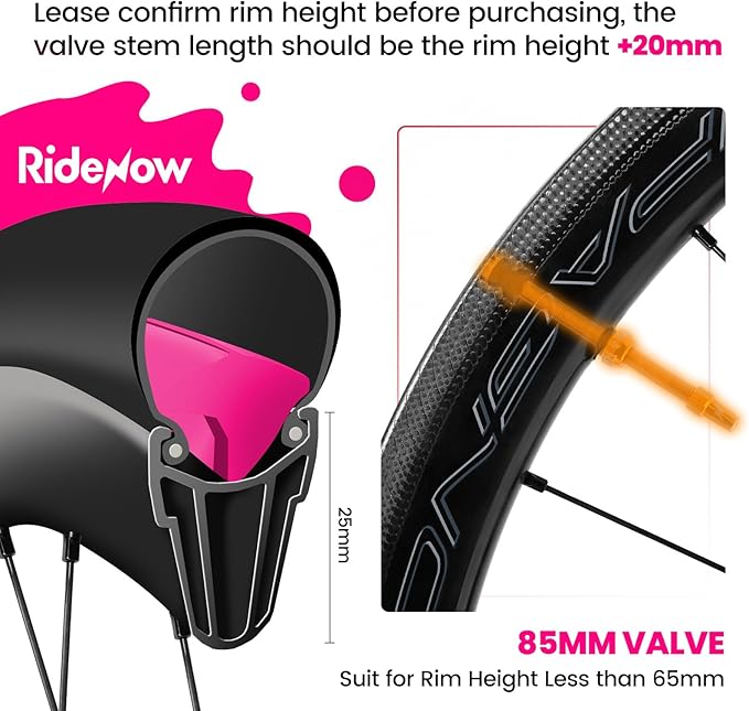 RideNow Tubeless Presta Valve Stems, 85mm Super Light 7075 Aluminum Alloy Presta Tubeless Valve Stem Kit with Valve Core Remover Tool and Valve Stem Caps, Multiple Color and Size Options(Pair), Gold