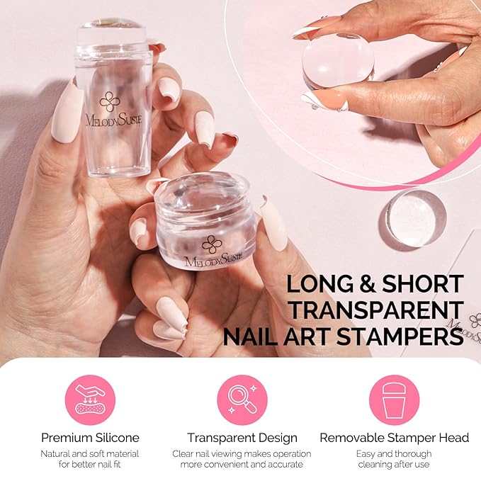 MelodySusie French Nail Stamper Kit, Silicone Stampers with Scrapers, 4PCS DIY Home Nail Design Salon, Clear
