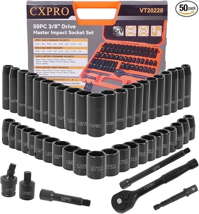 3/8'' Cr-V 6 Point Drive Impact Socket Set, 50-Piece Standard SAE (5/16 to 3/4 inch) and Metric (8-22mm) Size, 3/8-Inch Ratchet Handle, Extension Bar, Universal Joint