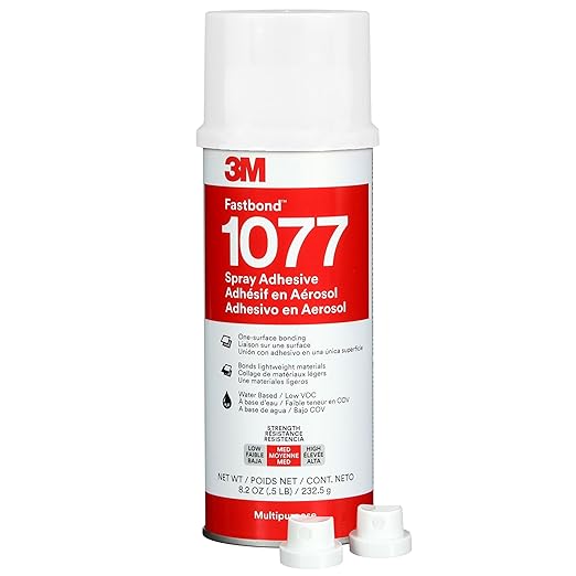 3M Fastbond Water-Based Multipurpose Spray Adhesive 1077, Low VOC <6%, Bonds Cardboard, Cork, Fiberglass Insulation, Wood, Neutral, Net Wt 8.2 oz, 1 Can