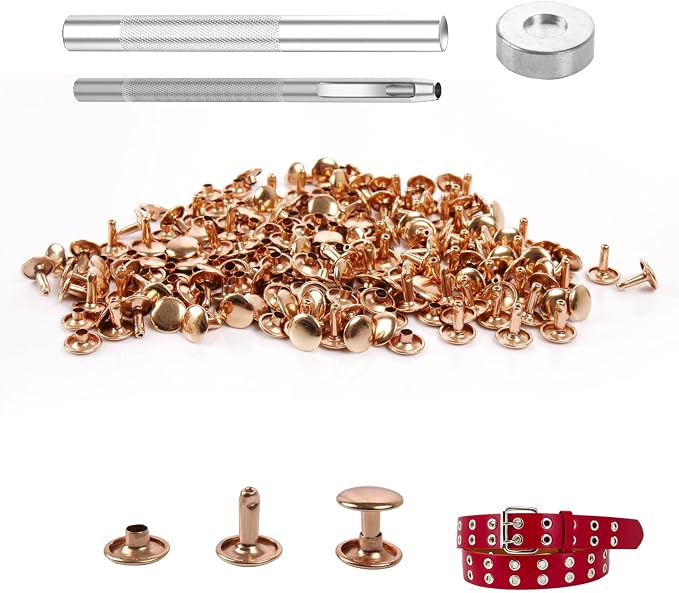 100 Sets Leather Rivets 9x8mm Double Cap Rivets Snaps Metal Studs Fasteners with 3pcs Setting Tools for Leather Craft DIY Repair Decoration, Light Gold Tone