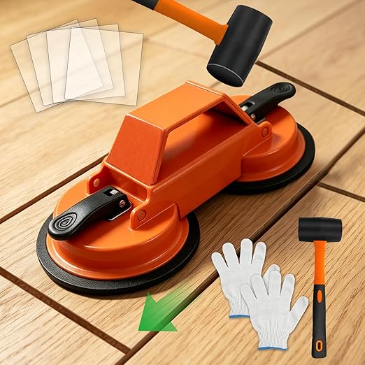 Floor Gap Fixer Tool for Laminate Floor Gap Repair, Heavy Duty Dual Suction Cups with 45° Striking Surface, Includes Rubber Mallet, Sticky Pads & Gloves for Vinyl Plank, LVP & Hardwood