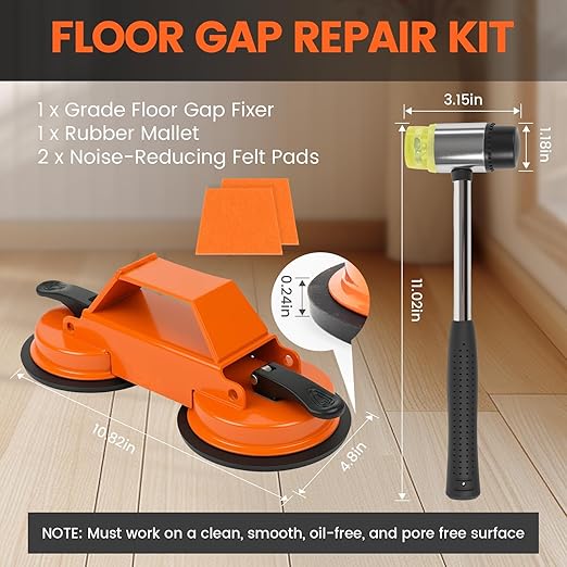 Floor Gap Fixer Tool Kit with Heavy Duty Rubber Mallet, Floor Dual Suction Cup Tool Upgrade 45° Striking Surface for Laminate, Hardwood, and Vinyl Floor (Orange)